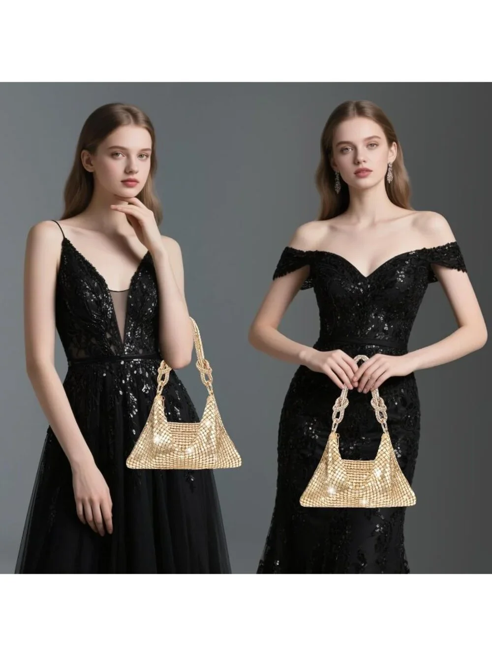 Women Gold Paillettes Rhinestone Mesh Clutch Evening Handbag Wedding Party Purse